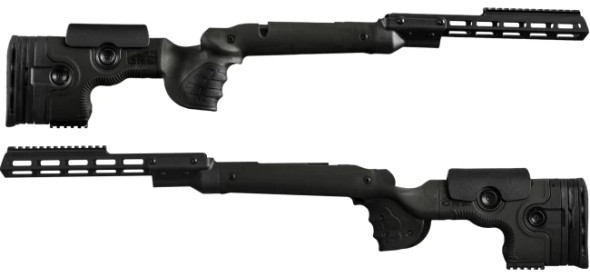 GRS Warg rifle stocks designed for the Bergara B-14 SA HMR, showcased in black. The image displays two angled views of the stocks, highlighting the ergonomic grip, adjustable cheek rest, and length of pull. These features are tailored for enhanced shooting comfort and precision. The stocks are crafted with a vented forend for improved barrel cooling, specifically configured to enhance the performance of Bergara B-14 SA HMR shooters.