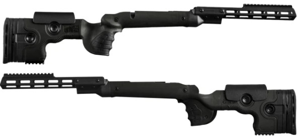 GRS Warg rifle stocks designed for the Remington 700 BDL SA, showcased in black. The image displays two angled views of the stocks, highlighting the ergonomic grip, adjustable cheek rest, and length of pull. These features are tailored for enhanced shooting comfort and precision. The stocks are crafted with a vented forend for improved barrel cooling, specifically configured to enhance the performance of Remington 700 BDL SA shooters.