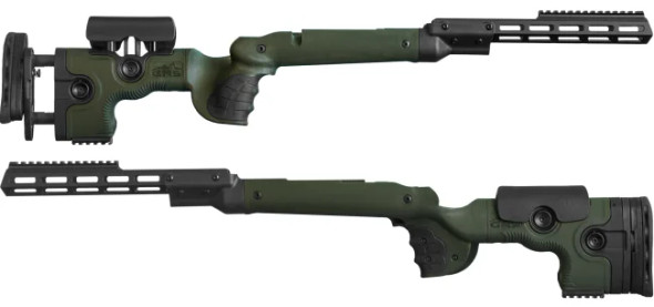 GRS Warg rifle stocks designed for the Remington 700 BDL SA, showcased in green. The image displays two angled views of the stocks, highlighting the ergonomic grip, adjustable cheek rest, and length of pull. These features are tailored for enhanced shooting comfort and precision. The stocks are crafted with a vented forend for improved barrel cooling, specifically configured to enhance the performance of Remington 700 BDL SA shooters.