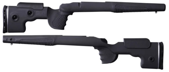 GRS Fenris rifle stocks designed for the Tikka T3, T3X, and T1X, showcased in grey. The image displays two angled views of the stocks, highlighting the minimalistic, streamlined design with a focus on ergonomics and adjustability. These stocks feature a textured grip and forend, adjustable cheek rest, and butt pad to ensure optimal shooting comfort and stability. The stocks are specifically configured to enhance the performance of Tikka rifle users.