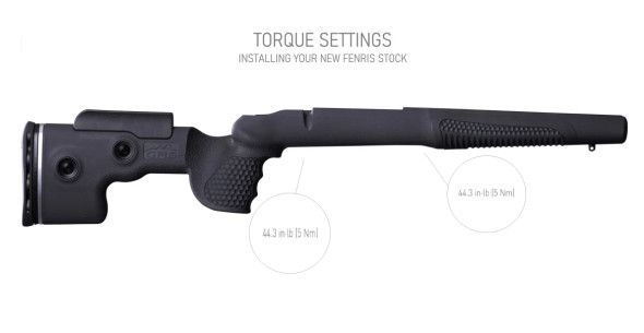 Detailed image of a GRS Fenris rifle stock in grey, fitted to a Bergara B-14 SA HMR, with specific torque settings annotated for precise adjustment. This instructional image highlights critical tightening points along the stock, showing the required torque at the butt and forend sections. The graphic aids in ensuring optimal setup and performance of the rifle stock for shooting accuracy and reliability.