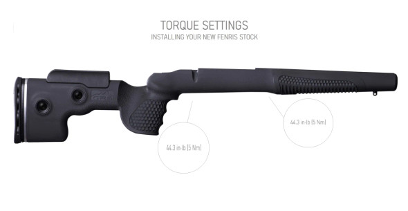 Detailed image of a GRS Fenris rifle stock in grey, fitted to a Remington 700 BDL LA, with specific torque settings annotated for precise adjustment. This instructional image highlights critical tightening points along the stock, showing the required torque at the butt and forend sections. The graphic aids in ensuring optimal setup and performance of the rifle stock for shooting accuracy and reliability.