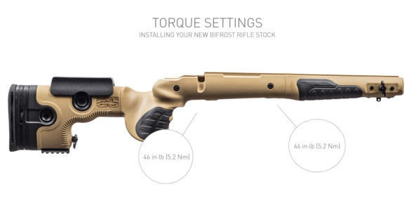 Detailed image of a GRS Bifrost rifle stock in brown, fitted to a Tikka T3/T3X, with specific torque settings annotated for precise adjustment. This instructional image highlights critical tightening points along the stock, showing the required torque at the butt and forend sections. The graphic aids in ensuring optimal setup and performance of the rifle stock for shooting accuracy and reliability, with a clear depiction of the ergonomic features and modular design.