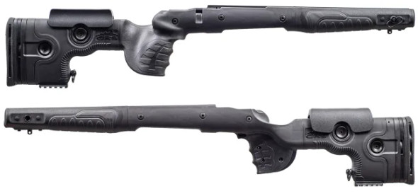 GRS Bifrost rifle stocks designed for the Bergara B-14 LA HMR, showcased in black. The image displays two angled views of the stocks, highlighting the rugged, versatile design with distinctive cutouts for weight reduction and improved handling. These stocks feature an adjustable cheek rest, length of pull, and ergonomic grip and forend for superior shooting comfort. The design includes integrated attachment points for bipods or slings, enhancing functionality for various shooting applications.