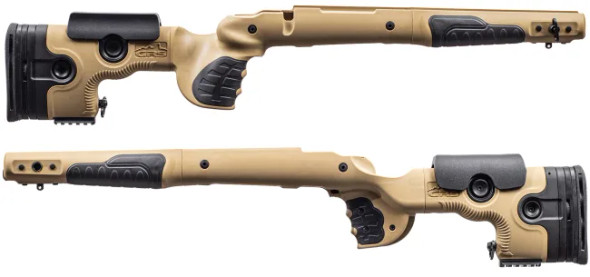 GRS Bifrost rifle stocks designed for the Bergara B-14 LA HMR, showcased in a sand-brown color. The image displays two angled views of the stocks, highlighting the robust, versatile design with enhanced ergonomics for comfort and adjustability. Features include a textured grip and forend, an adjustable cheek rest, and a butt pad, all ensuring superior shooting comfort. The stocks are particularly suited for varying shooting applications, with built-in modular options for customization.