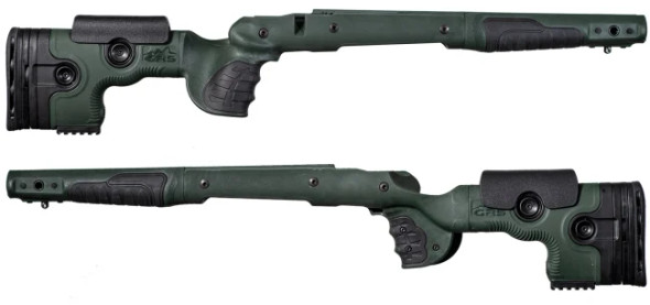 GRS Bifrost rifle stocks designed for the Bergara B-14 LA HMR, showcased in green. The image displays two angled views of the stocks, highlighting the rugged, versatile design with distinctive cutouts for weight reduction and improved handling. These stocks feature an adjustable cheek rest, length of pull, and ergonomic grip and forend for superior shooting comfort. The design includes integrated attachment points for bipods or slings, enhancing functionality for various shooting applications.