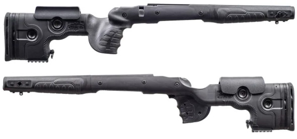 The GRS Bifrost stock designed for the Ruger 10/22 in black. The image showcases the stock from two angles, displaying its ergonomic design features, including a textured grip and fore-end for better control. It has integrated adjustments for length of pull and cheek piece, and a durable composite build, making it ideal for both recreational shooting and competitive use. Its modern and modular design is evident, emphasizing functionality and adaptability.