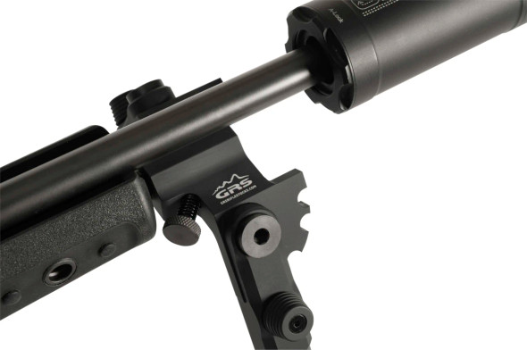 Close-up view of a GRS Bifrost Spigot (104560) installed on a rifle. The spigot is mounted at the forend of the rifle, providing a secure attachment point for accessories such as bipods. This setup highlights the spigot’s sturdy black metal construction and compatibility with GRS Bifrost rifle stocks, showcasing its essential role in enhancing the functionality and adaptability of precision shooting equipment.