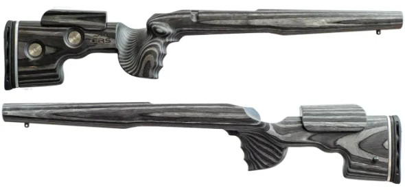 GRS Rifle Stocks Sporter model designed for the Remington 700 BDL Long Action in Nordic Wolf finish, showcasing a unique black and gray laminate pattern. The stock is displayed from side and bottom views, highlighting its ergonomic features and adjustable cheekpiece, set against a plain white background for clear visibility.
