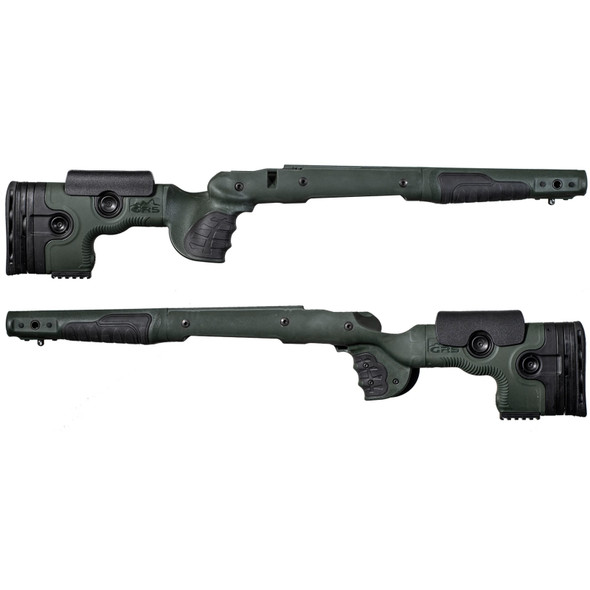 Top and side views of a GRS Bifrost stock designed for Savage 116 LA with bolt release underneath, in green, featuring adjustable cheek rest and length of pull, displayed against a white background.