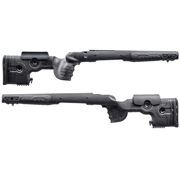 GRS Bifrost stock specifically designed for the Blaser R8 Professional, shown here in black (SKU: 104141). This model, like other stocks in the GRS Bifrost series, offers significant adjustability and durability. Key features include an adjustable recoil pad and an ergonomic grip that enhances handling and comfort during shooting. Additionally, it includes tactical elements like Picatinny rails and QD sling mounts, making it a versatile choice for hunting, competition, or tactical applications. The stock's design focuses on providing stability and control, crucial for precise shooting in varied environments.