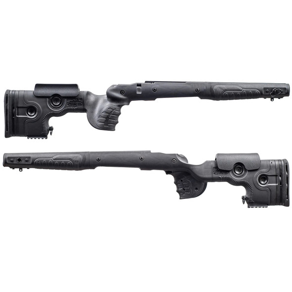 GRS Stocks - GRS Bifrost Mauser M98 in Black, displaying side views of both left and right sides, featuring advanced ergonomic designs with detailed texturing for enhanced grip, isolated on a white background.