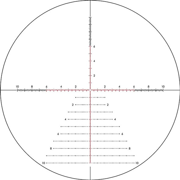 The image displays a scope reticle, specifically the EBR-7D MRAD reticle from the Vortex Optics RAZOR HD GEN III 6-36x56 FFP riflescope. The MRAD markings refer to milliradian measurements, which are used for estimating range, windage, and bullet drop corrections.

This reticle has a fine central crosshair for precise aiming at long distances. The vertical and horizontal stadia lines feature hash marks at regularly spaced intervals, with numbers indicating the distance in milliradians from the center. These markings allow shooters to quickly compensate for windage (horizontal axis) and elevation (vertical axis) without adjusting the scope's turrets. The First Focal Plane (FFP) design means the scale of the reticle changes with the magnification, maintaining the accuracy of these measurements at any zoom level. This type of reticle is particularly useful for long-range precision shooting where environmental factors and distance can significantly affect bullet trajectory.