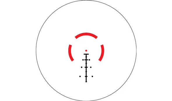 The image displays a reticle design from the Vortex Optics SPITFIRE HD GEN II 5x scope with the AR-BDC4 MOA configuration. The reticle features a set of intuitive aiming points for both windage and elevation that are particularly designed for use with AR-style rifles. The central dot is for precision aiming, while the surrounding horseshoe assists in quick target acquisition at closer ranges. The bullet drop compensator (BDC) marks below the central dot allow shooters to adjust for bullet drop over different distances. The reticle is calibrated in MOA (Minute of Angle), which is a common angular measurement used in aiming and shooting corrections. This type of reticle is versatile for both rapid close-quarters engagements and more deliberate, longer-range shots.