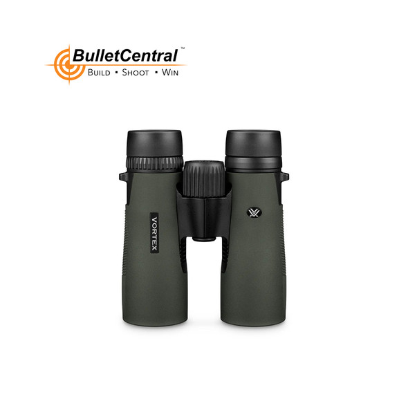 The image shows a pair of Vortex Optics DIAMONDBACK HD binoculars with a 10x42 specification, which indicates a magnification power of 10 times and an objective lens diameter of 42 millimeters. These full-size roof prism binoculars are designed to provide high-definition views, as suggested by the "HD" in the product name. The green rubberized coating on the body suggests they are built for durability and a secure grip, which is essential for use in the outdoors. The central focus wheel and the adjustable eyecups are prominent, catering to a comfortable and customized viewing experience. Binoculars like these are often used for a variety of outdoor activities, including wildlife observation, bird watching, hunting, and sporting events, where powerful magnification and clear optics are desired.