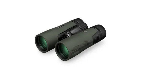 The image showcases a pair of Vortex Optics DIAMONDBACK HD binoculars with a 10x42 specification. This model offers 10 times magnification and has 42 millimeter objective lenses. The binoculars feature a full-size roof prism design, which is typically both compact and ergonomically designed for ease of use and stability in hand. The DIAMONDBACK HD line is known for high-definition optics that provide clear, sharp images with good color fidelity, making them a popular choice for outdoor enthusiasts for activities like bird watching, hunting, and hiking.