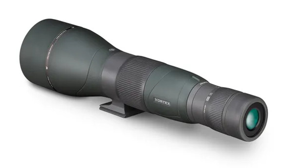 The image showcases the Vortex Optics RAZOR HD straight spotting scope with a 27-60x85 specification. This model provides variable zoom magnification from 27x to 60x and has an 85mm diameter objective lens, which is excellent for capturing light and providing clear, bright images even at long distances. The straight design is often preferred by users who want a direct line of sight for quicker target acquisition, such as when spotting wildlife or for use at a shooting range. The RAZOR HD line is well-known for its exceptional optical quality, offering advanced lens coatings and high-density glass for superior resolution and color fidelity. Whether for serious nature observers, hunters, or target shooters, this spotting scope is designed to deliver high-end performance.