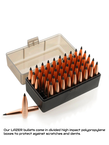 Cutting Edge Bullets .416 550gr Single Feed Lazer-Tipped Hollow Point bullets neatly arranged in a durable, clear-lidded black polypropylene box with one bullet showcased in front of the box, emphasizing protection from scratches and dents.