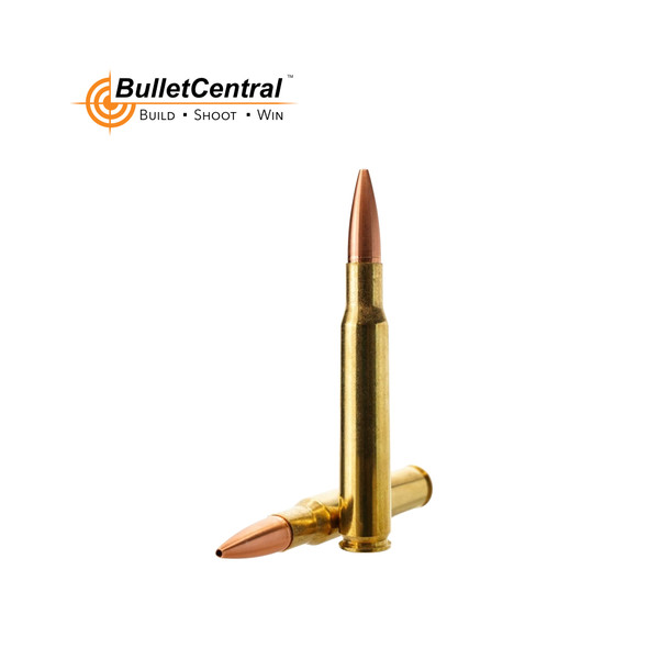 Two .30-06 caliber, 180-grain MAXIMUS bullets from Cutting Edge Bullets, standing upright with clear detailing and the Bullet Central logo, displayed against a white backdrop.