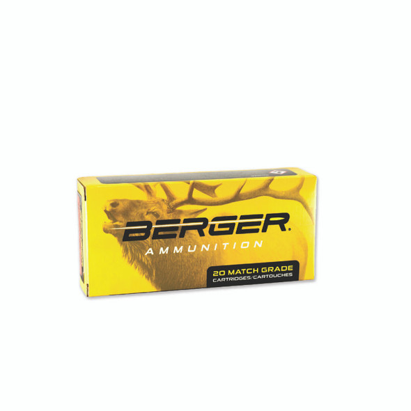 Eye-catching gold box of Berger 6.5 PRC 156 gr Elite Hunter ammunition, product number 50010, containing 20 rounds. The box features a dramatic deer design against a vivid background, emphasizing the ammunition's suitability for serious hunters looking for precision and terminal performance in challenging environments.