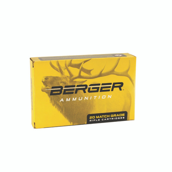 Yellow box of Berger Ammunition for 300 PRC 205gr Elite Hunter, model 55010, with 20 match grade cartridges. The packaging features an artistic silhouette of a stag, emphasizing the precision and quality of the product.