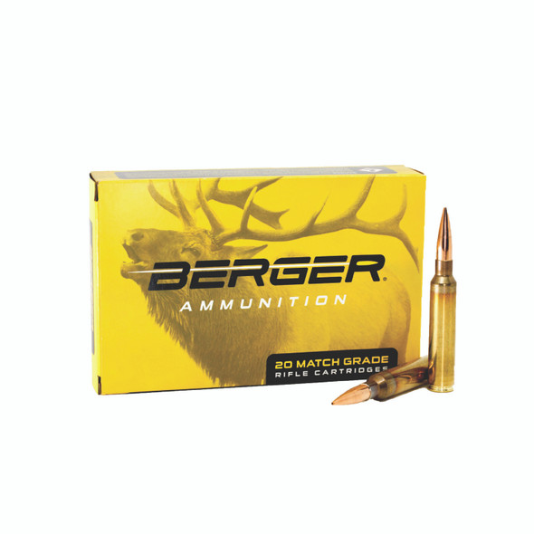 Box of Berger Ammunition - 300 PRC 205gr Elite Hunter 55010, featuring 20 match grade cartridges. The box is yellow with a prominent deer graphic and Berger logo, displayed alongside a single cartridge for scale.