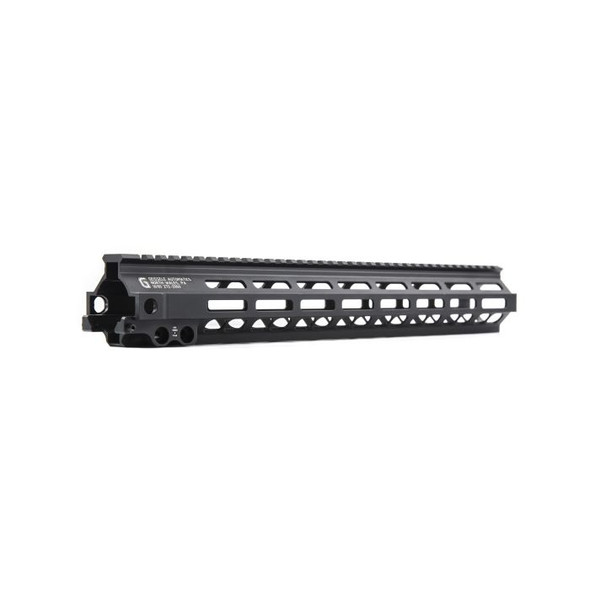 image of the Geissele Automatics 15" Super Modular Rail MK8 in black, featuring the M-LOK system. This rail is designed for use on AR-15 and similar platforms, allowing users to attach a wide array of accessories due to its modular nature. The black color is a standard for tactical equipment, offering a non-reflective, utilitarian appearance.