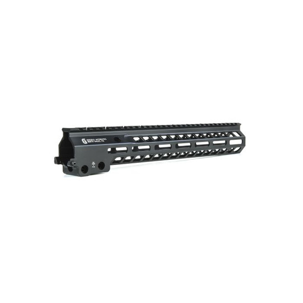 Geissele Automatics 13.5" Super Modular Rail MK14 with the M-LOK system, in black. This handguard is part of Geissele’s lineup of precision-engineered rail systems designed to enhance the modularity and ergonomic handling of rifles such as the AR-15. The M-LOK slots visible along the rail provide versatile options for attaching accessories, while the overall design maintains structural integrity without unnecessary weight. The black finish adds a professional, tactical appearance to the firearm.