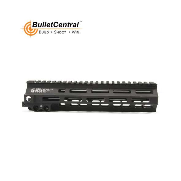 The image displays the Geissele Automatics 9.3" Super Modular Rail MK8 with an M-LOK system, shown here in black. This rail is designed for firearms such as the AR-15 platform and allows for direct attachment of M-LOK compatible accessories. The black finish is a standard color for tactical and shooting sports equipment, offering a sleek, uniform appearance that is preferred by many for its aesthetic and low-visibility qualities in various operational environments.