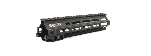 This image provides a wider view of the Geissele Automatics 9.3" Super Modular Rail MK8 with M-LOK system, shown here in black. The rail's design is optimized for strength and versatility, with multiple attachment points for M-LOK compatible accessories and a full-length Picatinny rail on top for optics and sights. The black color is a standard for tactical and professional use, giving the equipment a classic and functional look.