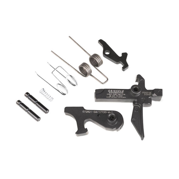 This image shows the components of the Geissele Automatics Single-Stage Precision (SSP) Dynamic Flat Bow trigger assembly. You can see the flat trigger bow itself, which is the part that the shooter's finger will press. Also visible are various springs, pins, and the hammer that is struck by the trigger mechanism. These parts work together to form the complete trigger assembly, which is designed to give the user a very direct and controlled trigger pull. Such a trigger assembly is highly regarded in the shooting community for its quality and performance enhancements.