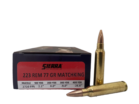 Sierra MatchKing Competition Ammunition, .223 REM, 77 grain HPBT. The box is dark red and black with detailed ballistic data on the side. It includes a displayed bullet next to the box, showcasing the copper jacket and pointed tip design, optimized for accuracy in competitive shooting.