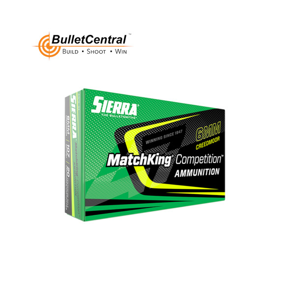 Box of Sierra MatchKing Competition Ammunition, 6MM CREEDMOOR, 107 grain HPBT. The packaging is vibrant green with dynamic black and yellow graphics, highlighting the Sierra logo and BulletCentral’s branding. Designed for competitive shooters, this box emphasizes the ammunition’s precision and performance.