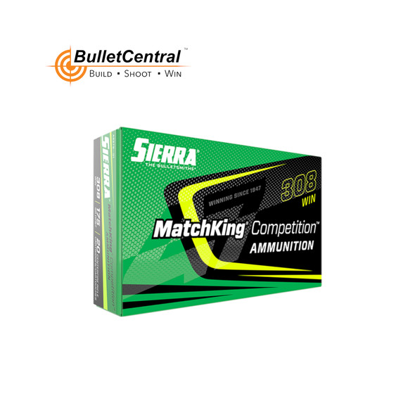 Packaging of Sierra MatchKing Competition Ammunition, .308 WIN, 175 GR, HPBT. The box is vibrant green with black and yellow accents, featuring bold text and a dynamic graphic design that highlights the precision and performance of the product, ideal for competitive shooting.