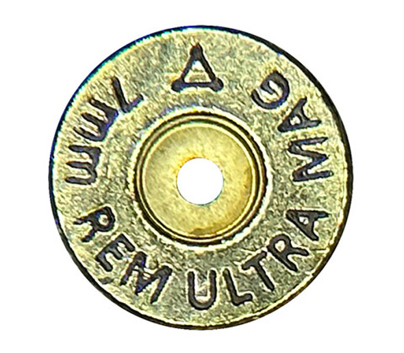 Close-up of the base of a 7mm Rem Mag cartridge from Atlas Development Group, showcasing the detailed stamping on the brass casing. The markings include '7MM REM ULTRA MAG' to denote the caliber and model. The central primer pocket is visible, surrounded by an annealed coloring at the case base, indicating heat treatment for durability. This cartridge is part of a 50-piece box, known for its precision and reliability in long-range shooting.