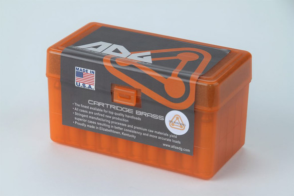 An orange, sturdy plastic box from Atlas Development Group, labeled for containing 50 pieces of 300 Win Mag cartridges with an anneal line. The box features clear labels including the brand logo, product details, and American flag, indicating the country of manufacture. The secure clasp and durable design ensure the safe storage and transport of the cartridges, highlighting its utility for hunters and marksmen needing reliable ammunition storage.