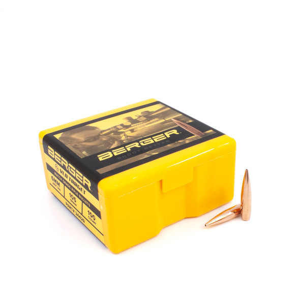 A box of Berger VLD Target bullets in 6mm, 105gr, displayed next to a single projectile, with part number 24429 and a quantity of 100 per box, highlighting the bullet's aerodynamic shape for precision shooting. The bright yellow packaging features a black and white photo of a competitive shooter, emphasizing the bullet's suitability for serious marksmen.