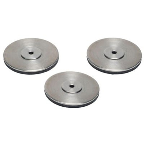 Three Benchrite 2-inch Standard Stabilfeet displayed against a white background. These circular, metallic stabilizers are designed for use with shooting benches to enhance stability and reduce slippage.