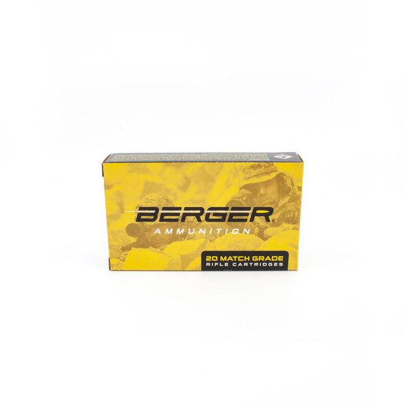 A box of Berger Ammunition for .308 Winchester, 175gr OTM Tactical, part number 60010, with a quantity of 20 rounds. The package features a yellow and black color scheme with a dynamic background suggesting tactical precision, emphasizing the ammunition's suitability for match-grade shooting scenarios.