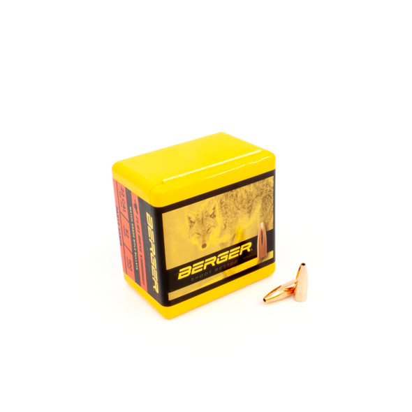 A vibrant yellow box of Berger .22 Caliber, 52gr FB Varmint bullets, product number 22309, with a quantity of 100 bullets. The box label features a rustic, faded background with a varmint target, indicating their specific use for precision varmint shooting. Two bullets are positioned next to the box, highlighting the quality and design of the ammunition.