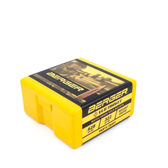 A box of Berger 7mm, 168gr VLD Target bullets, with the product number 28401, contains a quantity of 100 bullets. The packaging is yellow with a label that includes a black and white image of a shooter, suggesting the precision and long-range capabilities of these target shooting bullets.