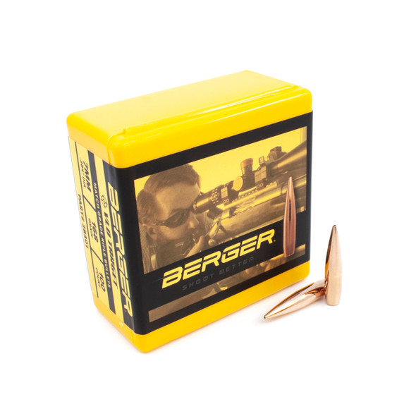 A yellow box of Berger 7mm, 168gr VLD Target bullets, part number 28401, in a set of 100. The packaging features a clear image of a precision rifle with a scope, illustrating the bullets' use for accuracy in competitive target shooting. Two of the bullets are displayed in front of the box, showcasing their sleek, aerodynamic design.