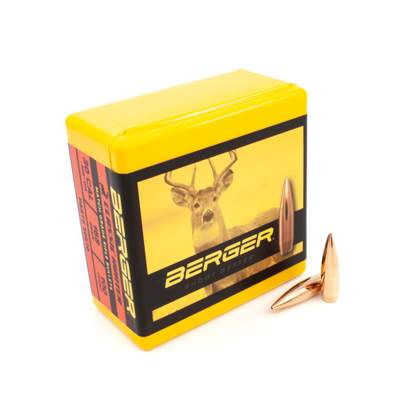 A box of Berger .30 Caliber, 168gr Classic Hunter bullets, product number 30570, with a quantity of 100 bullets. The box features a vibrant yellow lid and a clear image of a deer, indicative of the bullets' design for hunting. A pair of the aerodynamic bullets is placed in front of the box to showcase their precision and quality.