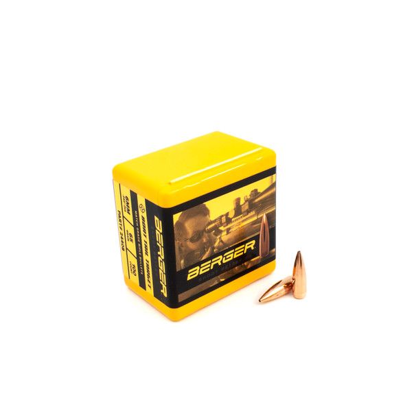 A box of Berger 6mm, 65gr BT (Boat Tail) Target bullets, product number 24408, in a quantity of 100. The yellow box features an image of a shooter aiming a rifle, suggesting the precision these bullets are crafted for. Displayed next to the box are two bullets, their pointed tips and boat-tail design indicating their high-performance capabilities in target shooting.