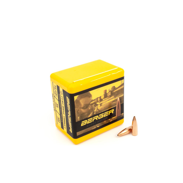 A yellow box of Berger .22 Caliber, 55gr FB (Flat Base) Target bullets, product number 22410, with a quantity of 100 bullets. The box displays a sharpshooter image, suggesting these bullets are designed for accuracy in target competitions. Displayed in front of the box are two bullets, showcasing their design for precision shooting.
