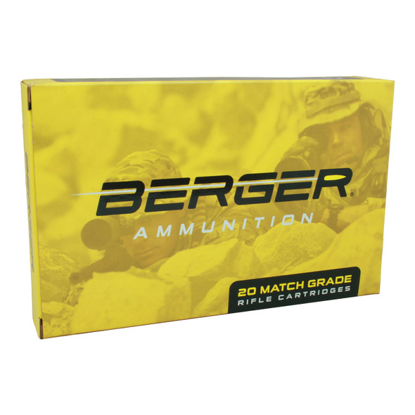 A box of Berger Ammunition in 300 Norma Magnum, 230gr, Hybrid OTM Tactical, with product number 62010, containing 20 match-grade rifle cartridges. The packaging features a yellow and black design with a military-themed background, emphasizing the precision and tactical application of the ammunition.
