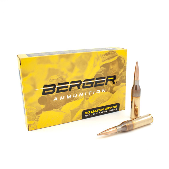 A box of Berger Ammunition in 300 Norma Magnum, 230gr, featuring Hybrid OTM Tactical bullets, with the product number 62010, and a set count of 20 cartridges. The packaging has a yellow and black camouflage design with two cartridges placed in front, showing off the precision engineering and sleek profile of the bullets.