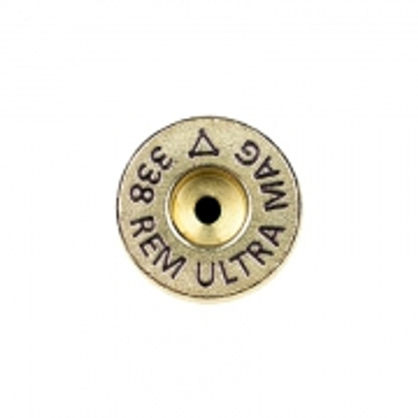 Close-up view of the base of a 338 Remington Ultra Magnum cartridge from ADG Brass, showcasing the headstamp and central primer hole. The headstamp includes the caliber designation '338 REM ULTRA MAG' with an anneal line visible, demonstrating the heat-treated durability of the brass. Perfect for detailed product listings in a 50-piece box set.