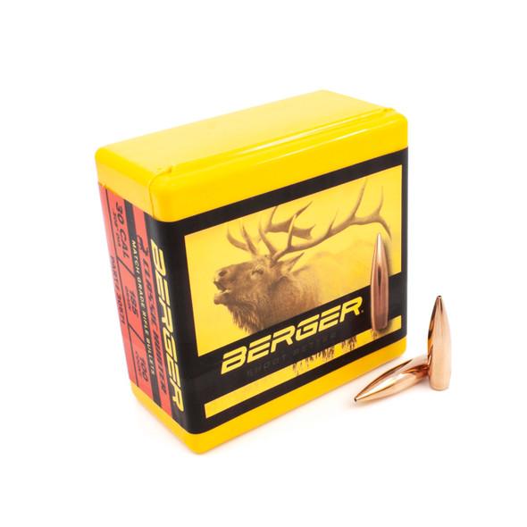 Image displays Berger Classic Hunter bullets in .30 Caliber, 185 grain, alongside their distinctive yellow and black packaging, prominently featuring the product number 30571. The open box presents a count of 100 precision-engineered bullets for hunting, with several bullets arranged outside the box to give viewers a clear look at the product quality.