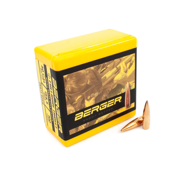 Image of an open yellow and black box of Berger Fullbore Target bullets, featuring .30 Caliber, 155.5 grain projectiles, with the product number 30416 displayed on the side. Next to the box, two pointed copper bullets lie against a white background, highlighting the product's quality and design for competitive target shooting.
